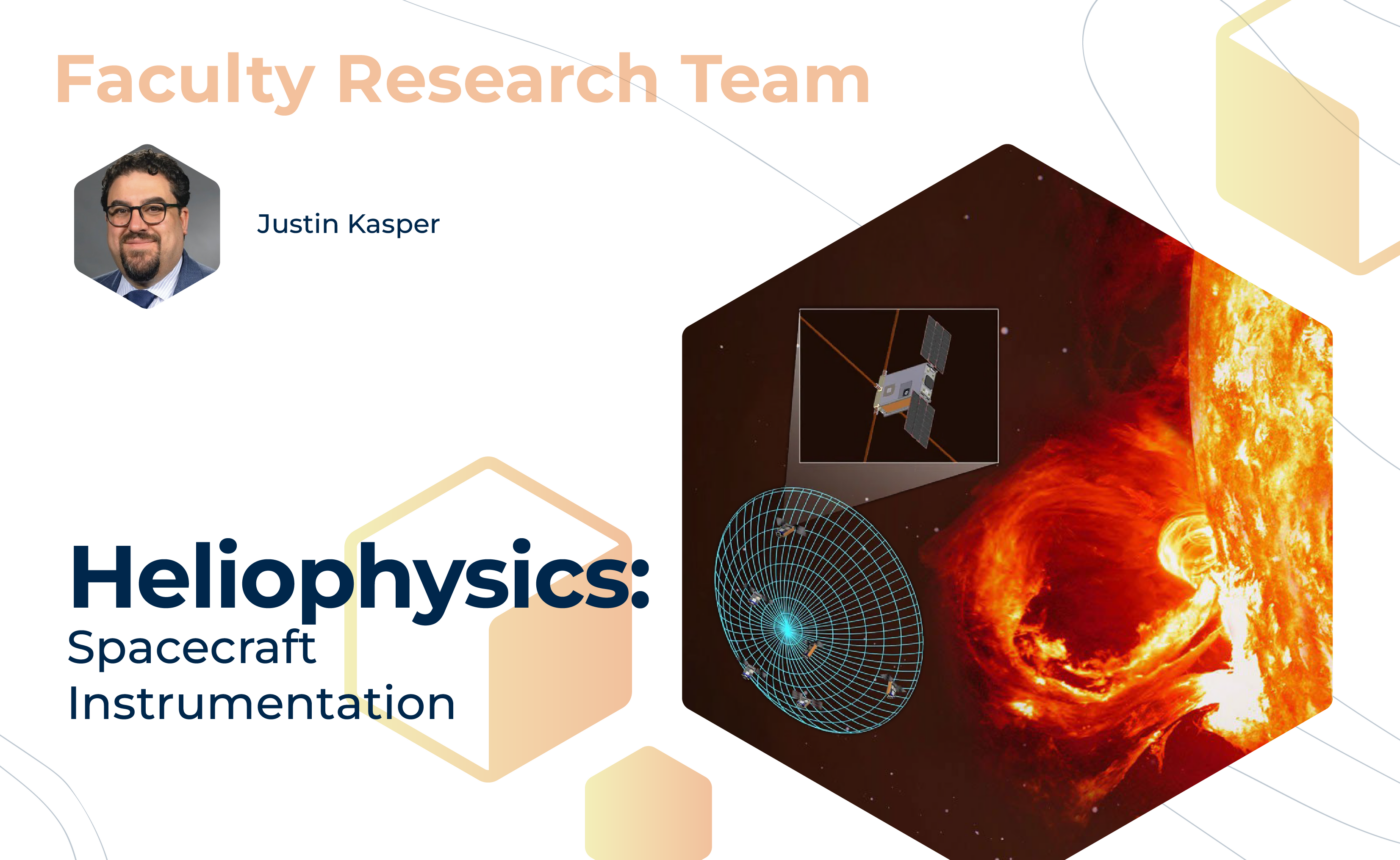 Graphic with "Faculty Sponsored Team" at the top, mentor Justin Kasper, and the project title, "Heliophysics: Spacecraft Instrumentation" on the bottom. On the right, a satellite rendering and a graphic half-sphere sits beside the sun's surface.
