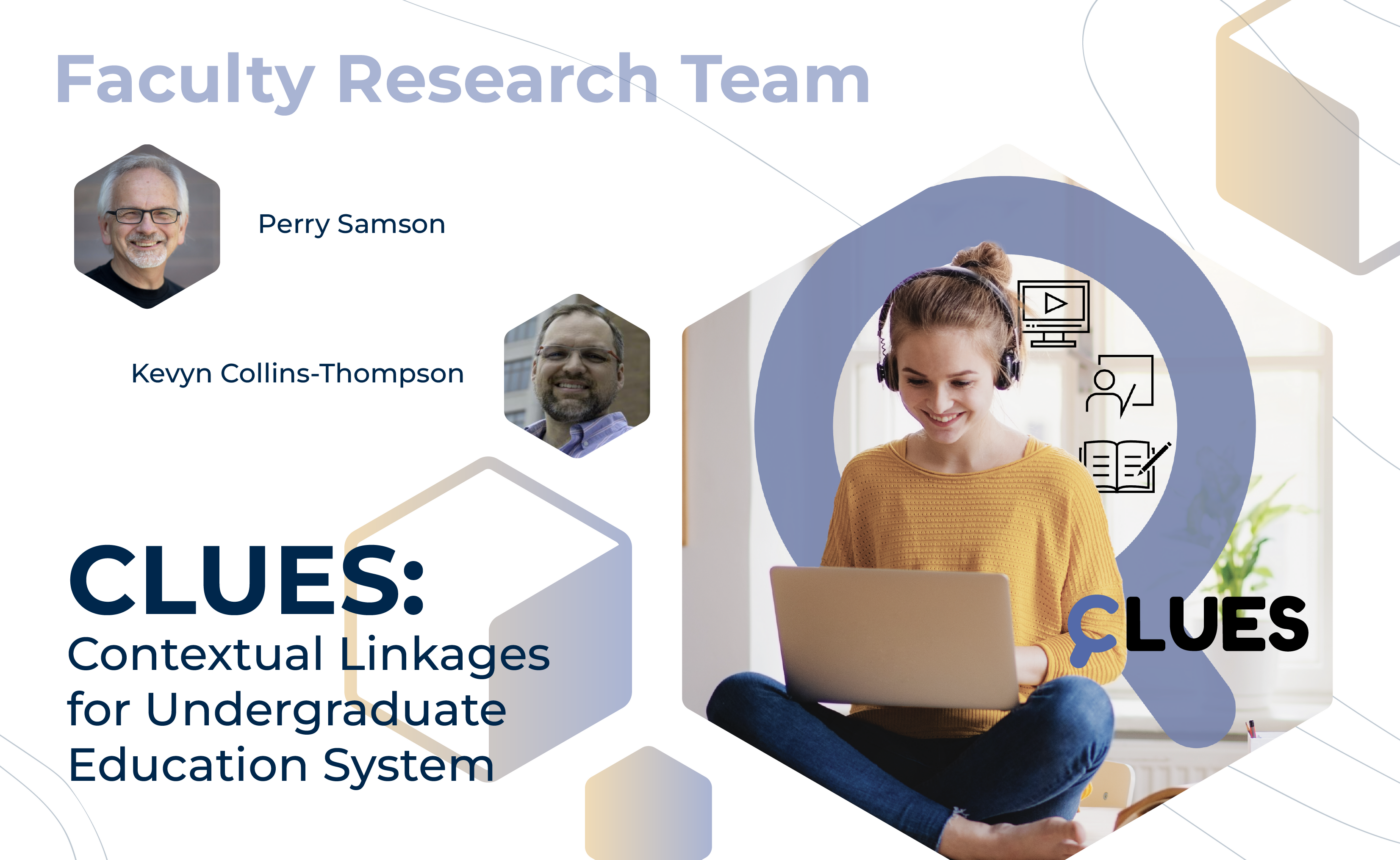 Graphic with "Faculty Sponsored Team" at the top, mentors Perry Samson and Kevyn Collin-Thompson, and the project title, "CLUES: Contextual Linkages for Undergraduate Education System" on the bottom. On the right, a happy woman wearing headphones uses her computer, with the CLUES logo and graphics surrounding her.